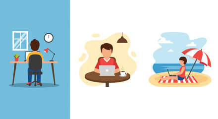 People working remotely from various locations: a home office, a cafe, and a beach. Modern flexible work concept.
