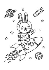 Children's Coloring Book A Fun Space Adventure Featuring a Rabbit Astronaut Riding a Rocket with Planets and Stars