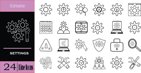 24 set icon bundle for settings and technical processes offering comprehensive visual solutions vector