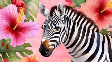 Watercolor zebra surrounded by lush hibiscus blooms and exotic bird of paradise flowers in green jungle leaves