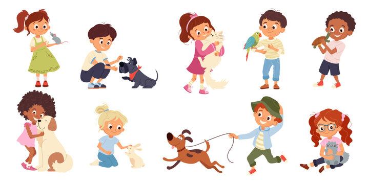Set of cute cartoon kids playing with pets Happy children hugging cat, dog, rabbit, parrot showing love, care and friendship Fun characters for card, poster, print, kids project Vector design elements