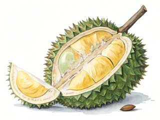 Fototapeta premium Watercolor Painting of Durian Fruit Exotic Tropical Food Open and Sliced Detailed Illustration
