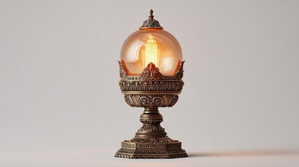 Ornate antique-style table lamp with a bronze-colored metal base and a spherical amber glass shade enclosing an Edison-style bulb, illuminated against a neutral background