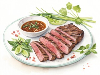 Grilled Steak Sliced with Asian Inspired Sauce Herbs and Vegetables on a Plate