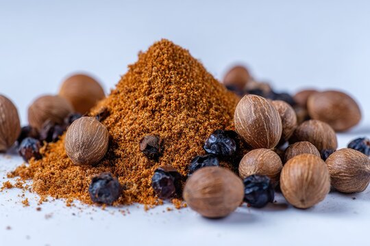 Pile Of Ground Spices And Whole Spices On White Background