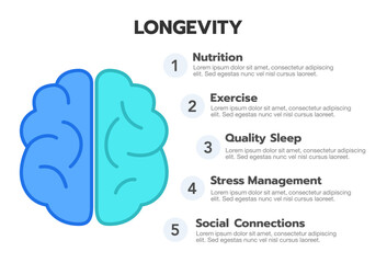 Longevity and healthy living infographic template featuring five essential lifestyle factors: nutrition, exercise, quality sleep, stress management, and social connections. Ideal for presentations.