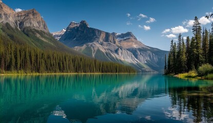 Obraz premium Panoramic view of turquoise alpine lake in British Columbia Canada reflecting majestic peaks, lush greenery and clear blue sky, scenic nature travel destination and breathtaking landscape