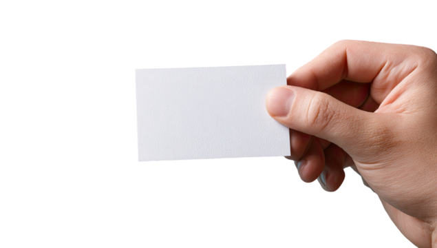 A hand holds a blank white business card - Powered by Adobe