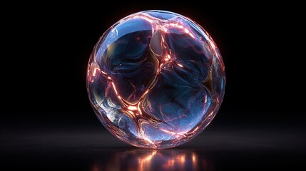 Luminous sphere with glowing, molten-like patterns in dark blue against black