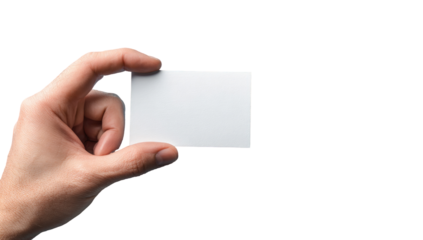 A person's hand holds a blank white business card
