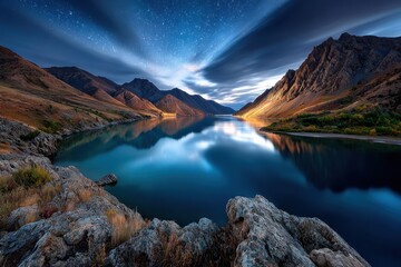 Starry Night Sky Over Serene Mountain Lake Reflection
