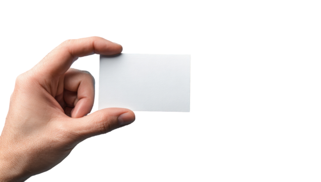 A person's hand holds a blank white business card