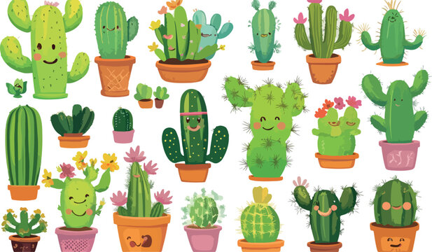 Collection of various cartoon cacti and succulents with smiling faces in pots on white background