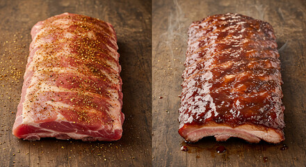 Side-by-side comparison of raw seasoned pork ribs and cooked barbecue ribs on a wooden background