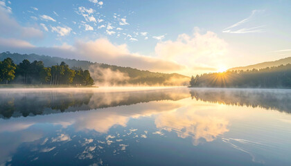 Obraz premium A tranquil lake with glassy reflections, touched by delicate silver fog drifting across the surface, radiating quiet elegance