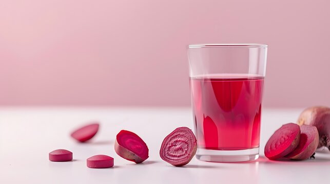 Refreshing beet juice in a tall glass with sliced beets