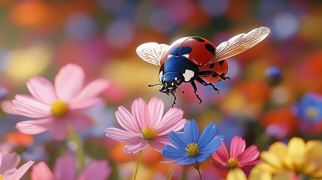 Ladybug with open wings in flower field