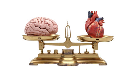 3d icon of brain and heart on antique balance scale isolated on transparent background, representing the eternal dilemma between intellect, emotion, logic, and passion