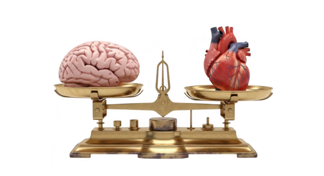 3d icon of brain and heart on antique balance scale isolated on transparent background, representing the eternal dilemma between intellect, emotion, logic, and passion