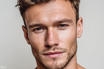 Close-up portrait of a man with a neutral expression, showcasing a clean-shaven face and light-brown hair, against a muted background.