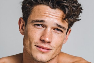 Obraz premium Close-up portrait of a young man with expressive eyes and tousled hair, showcasing a neutral and confident mood against a muted gray backdrop.