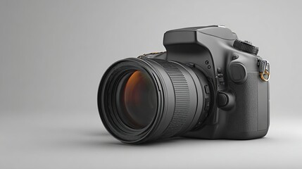 Sleek black DSLR camera with large lens, in 3/4 view on neutral background