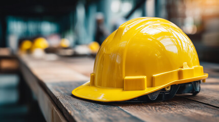 Yellow construction safety helmet on wooden table in industrial workplace setting
