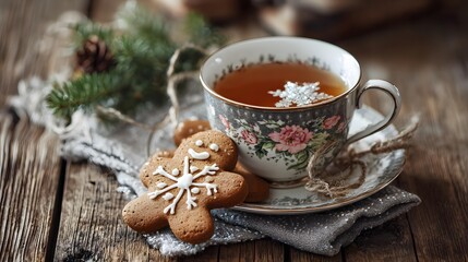 Winter hot drink with gingerbread cookie on rustic wooden table
