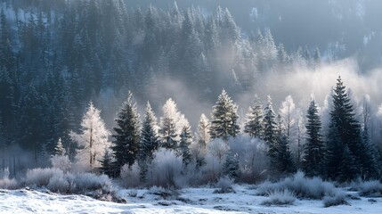 Winter frosty morning with mist over snowy forest