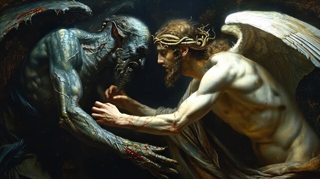 Biblical holy battle: god strength, satan resistance, sacred clash, celestial struggle, moral fight, spiritual duel, righteous contest, eternal trial, heavenly proof, divine challenge, cosmic stand,