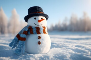 Obraz premium Snowman in winter field with hat, scarf, and carrot nose