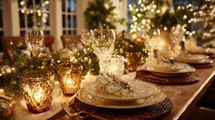 Holiday dinner table with warm lighting and festive decor
