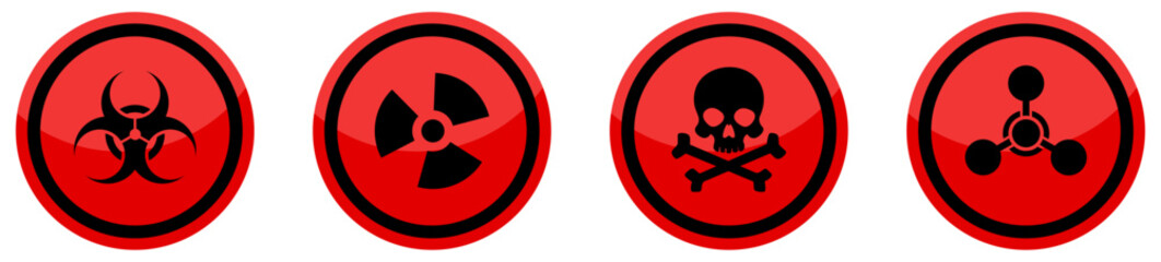 Nuclear radiation, chemical biological, toxic sign, biohazard icon set in red and black color. Biohazard radiation and poison skull badges. Warning sign on white background. Vector illustration