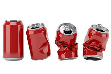 A progression of red soda cans showing a gradual increase in crushing damage from pristine to severely deformed on a black background