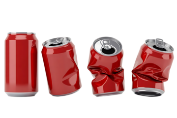 A progression of red soda cans showing a gradual increase in crushing damage from pristine to severely deformed on a black background