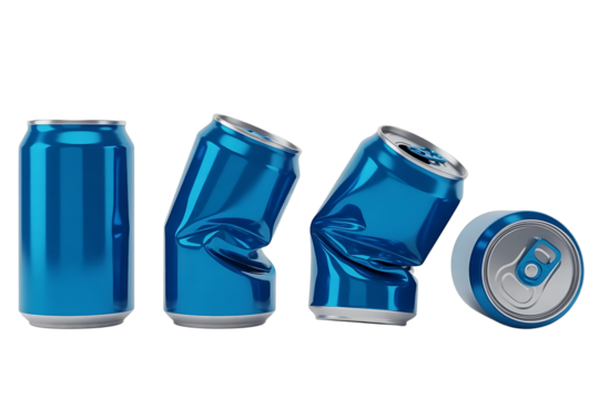 A progression of blue aluminum beverage cans showing damage from pristine to severely crushed against a stark black background