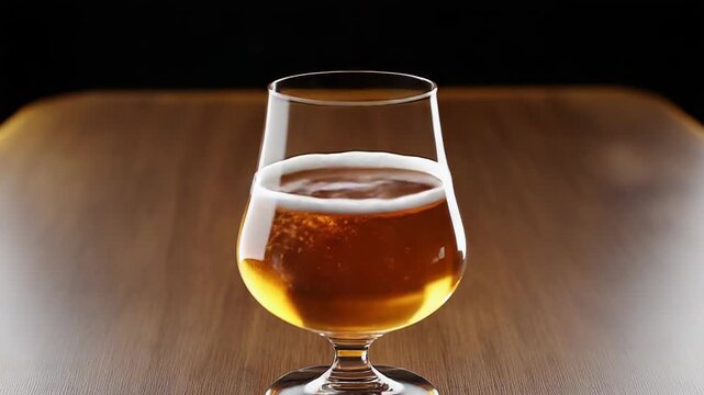 Golden beer pouring into elegant snifter glass on wooden table