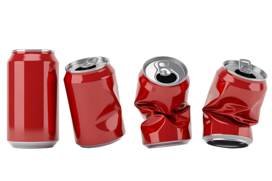 A progression of red soda cans showing a gradual increase in crushing damage from pristine to severely deformed on a black background