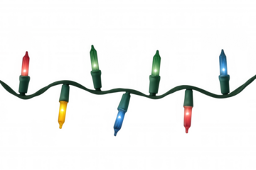 Colorful christmas lights string glowing on a transparent background, perfect for festive designs