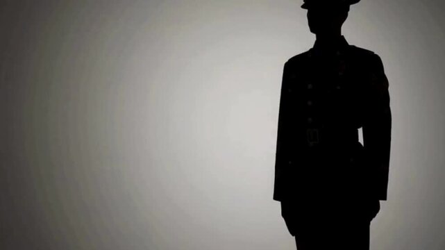 Saluting soldier silhouette animation with clean lines and gentle fades