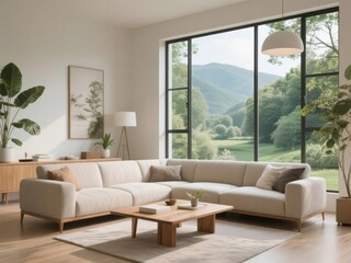 Modern living room with a large sectional sofa and floor-to-ceiling windows overlooking a scenic landscape.
