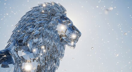 Sparkling Crystal Lion Sculpture with Light Reflections and Floating Particles