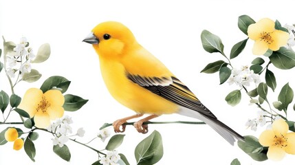 Fototapeta premium Yellow watercolor bird perched with green leaves and soft spring flowers in isolated floral decor