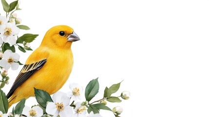 Obraz premium Yellow watercolor bird perched with green leaves and soft spring flowers in isolated floral decor