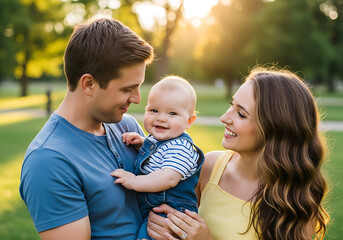 Fototapeta premium A happy young family enjoys a sunny evening in the park, the baby smiles brightly as the parents look on with love and affection in their eyes