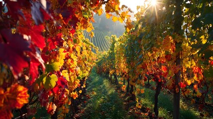 Autumn vineyard with sunlight shining through colorful grape leaves