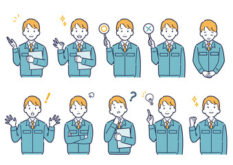 作業着を着た男性の表情セット