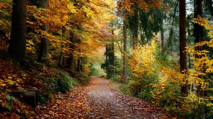 Obraz premium Autumn path covered with colorful fallen leaves and trees