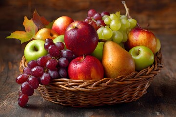 Autumn harvest basket with apples, pears, and grapes
