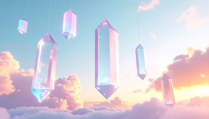Floating crystal structures suspended in midair, radiating faint iridescence against a pale cloudy sky, evoking dreamlike stillness